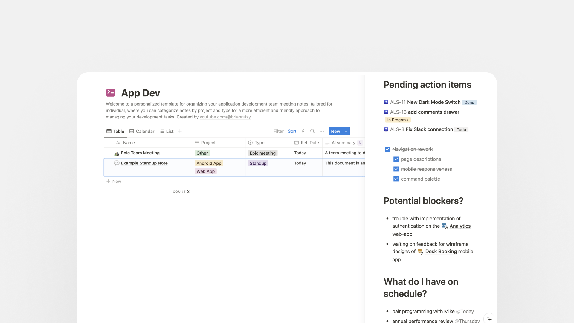 App development notes Notion template