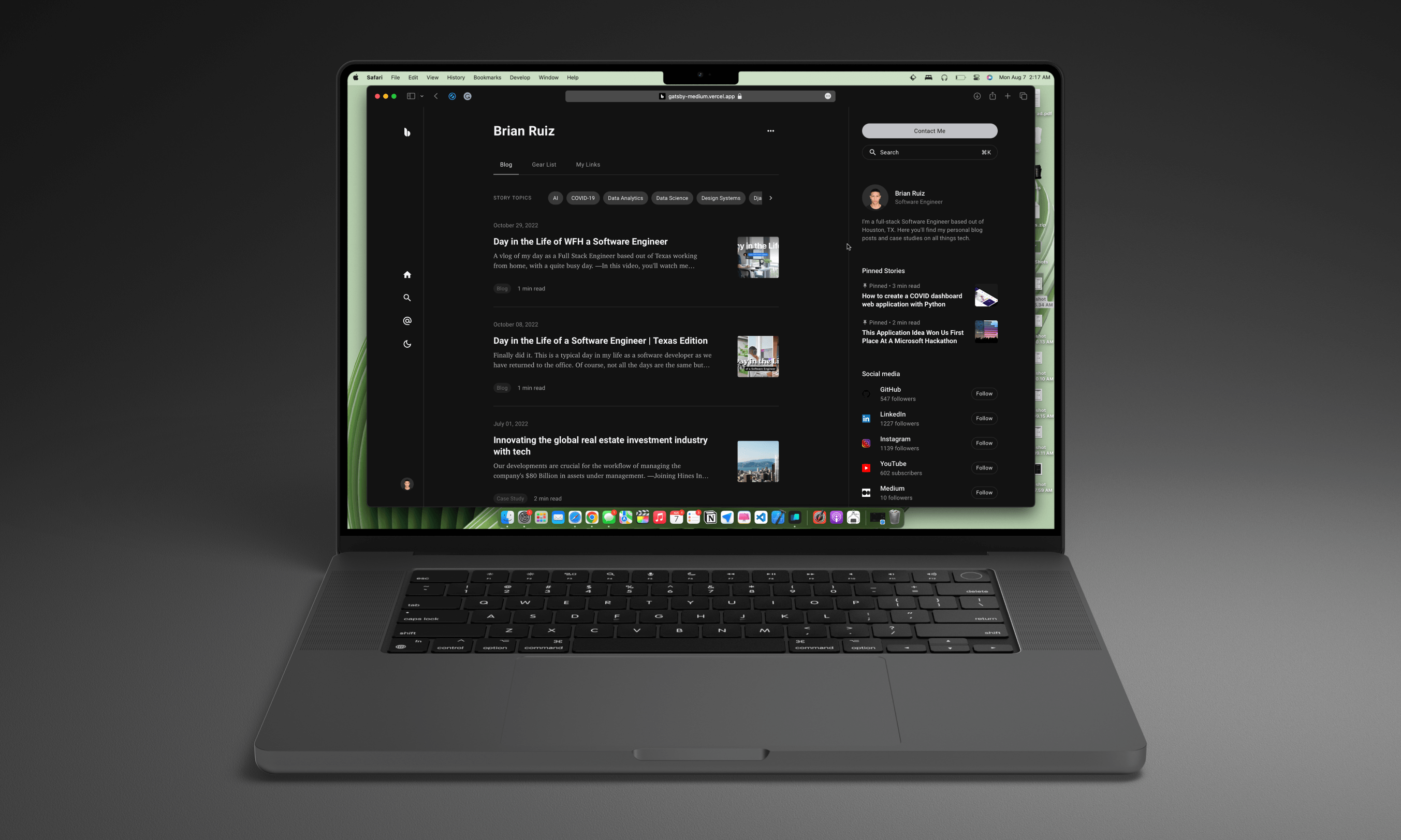 Gatsby Medium blog starter in dark mode on a desktop display