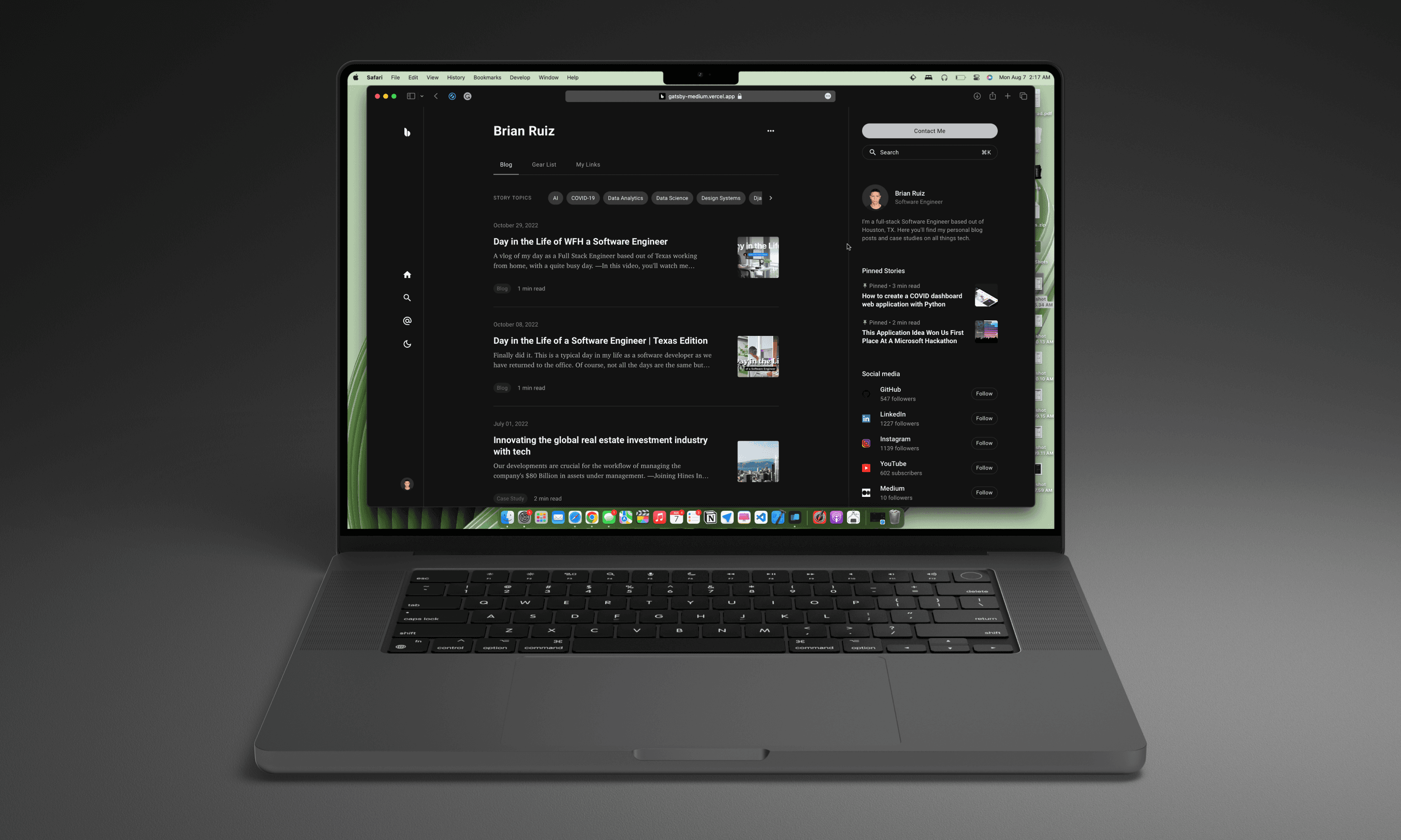 Gatsby Medium blog starter in dark mode on a desktop display