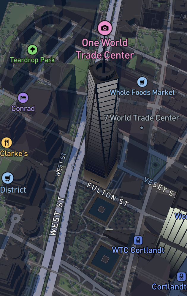 One World Trade Center on a dark Mapbox theme