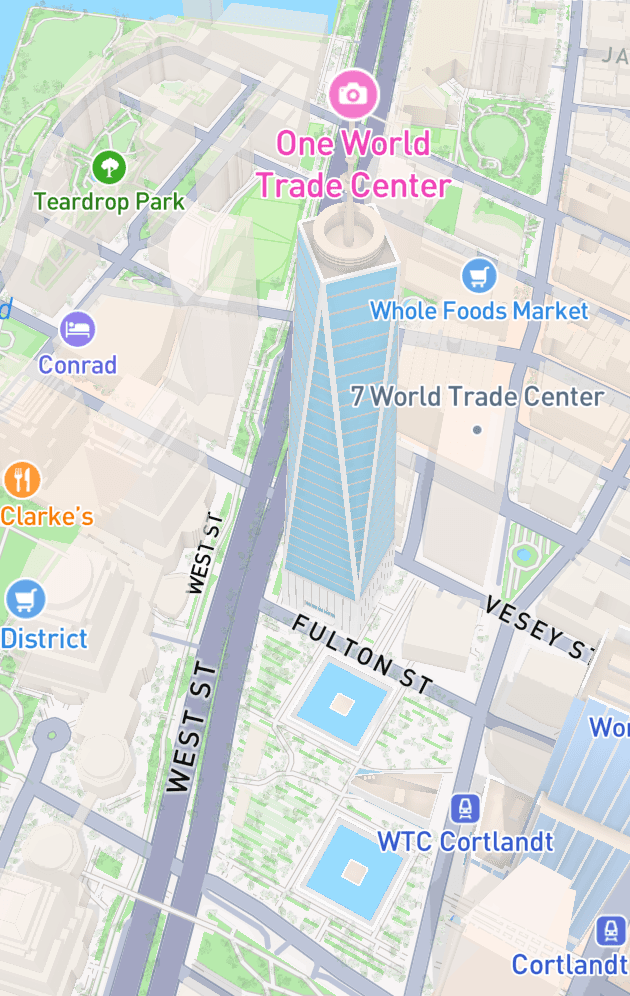 One World Trade Center on a light Mapbox theme