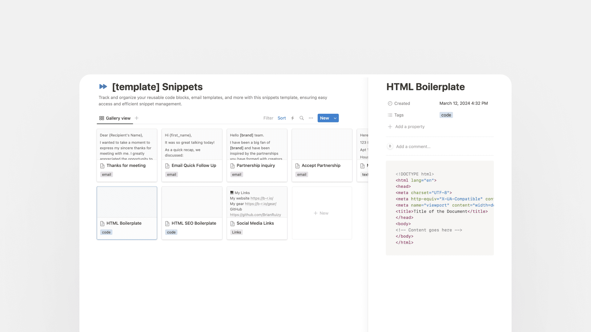 Snippets Notion template