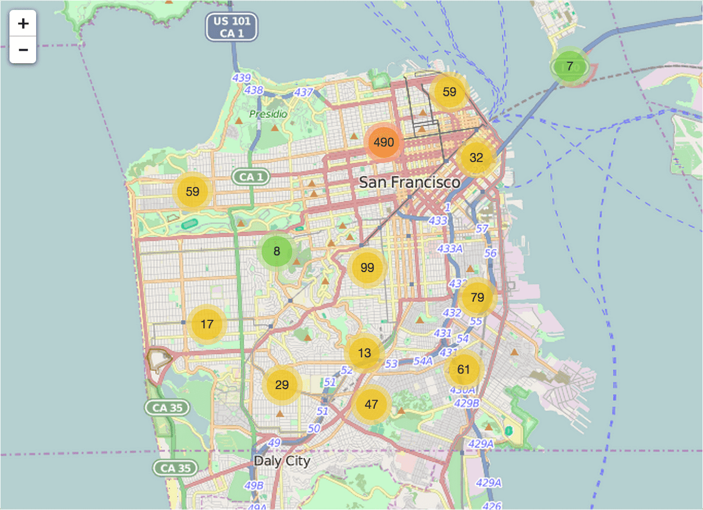 Map of San Francisco with potholes marked